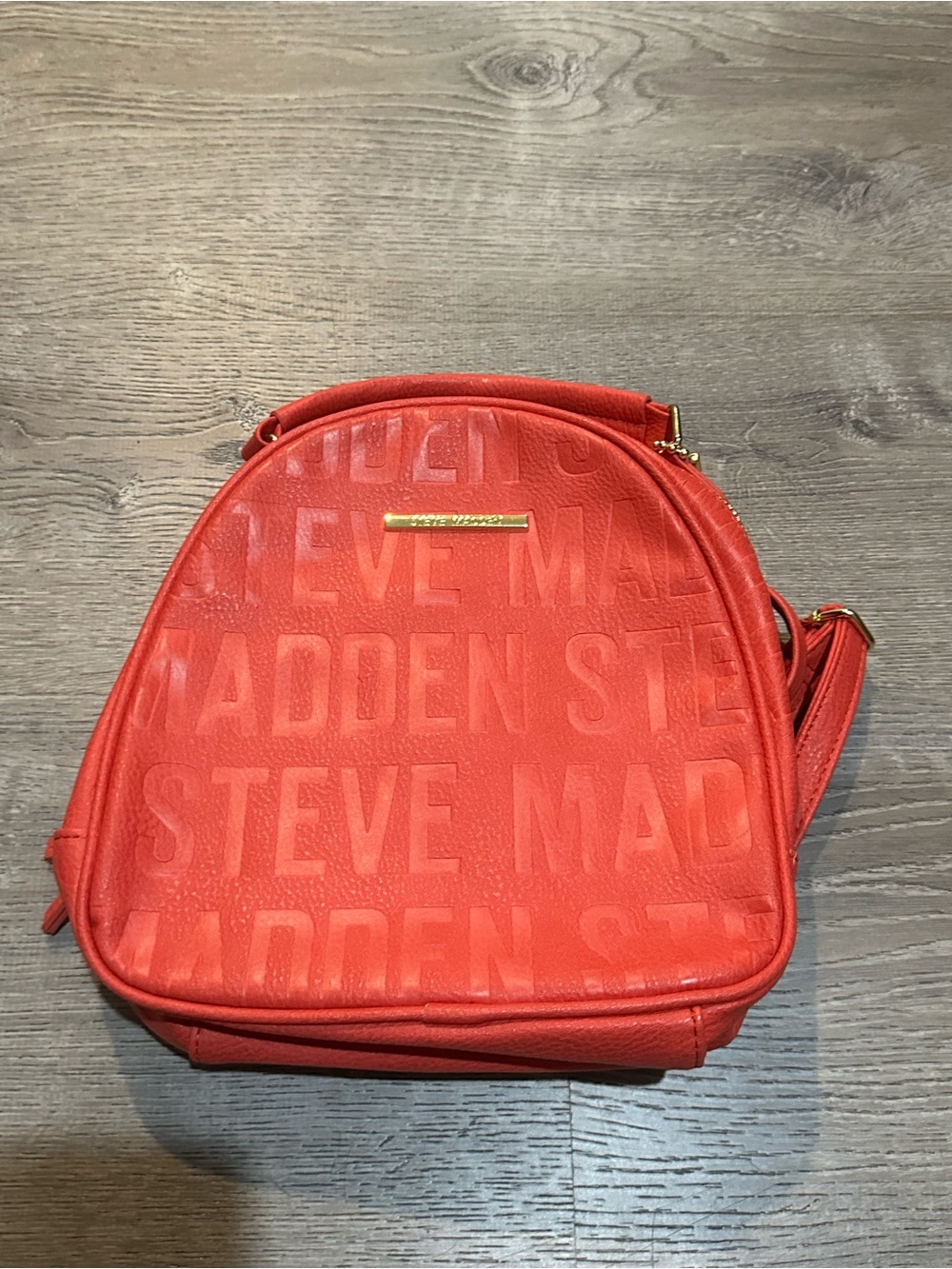 Steve Madden Red Mini Backpack Crossbody Bag – Embossed Logo Faux Leather